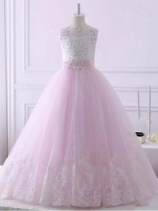 Gorgeous Tulle Sleeveless Little Girl Pageant Dress Brush Train and Lace