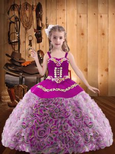 Sleeveless Floor Length Embroidery and Ruffles Lace Up Little Girls Pageant Gowns with Multi-color
