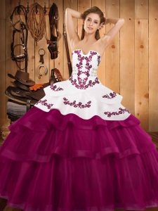 Hot Sale Tulle Strapless Sleeveless Sweep Train Lace Up Embroidery and Ruffled Layers Quinceanera Dresses in Fuchsia