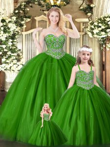 Free and Easy Beading Quince Ball Gowns Green Lace Up Sleeveless Floor Length
