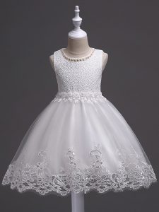 Excellent White Ball Gowns Tulle Scoop Sleeveless Lace Knee Length Zipper Child Pageant Dress