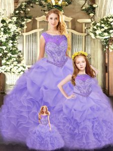 Scoop Sleeveless Quinceanera Dress Floor Length Ruffles Lavender Organza
