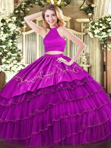 Fuchsia Quinceanera Dresses Military Ball and Sweet 16 and Quinceanera with Beading and Embroidery and Ruffled Layers Halter Top Sleeveless Backless