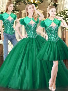 Cute Green Tulle Lace Up Sweetheart Sleeveless Floor Length Quinceanera Gowns Beading