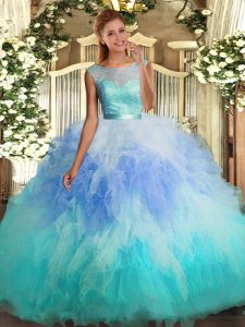 Multi-color Ball Gowns Scoop Sleeveless Organza Floor Length Backless Lace and Ruffles Vestidos de Quinceanera