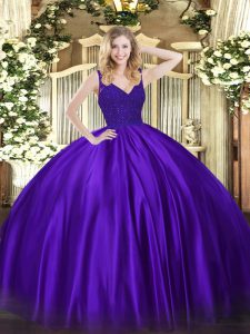 Beading and Lace Sweet 16 Quinceanera Dress Purple Backless Sleeveless Floor Length