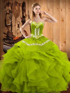 Graceful Olive Green Sweetheart Neckline Embroidery and Ruffles Quinceanera Dress Sleeveless Lace Up