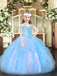 Customized Floor Length Lace Up Pageant Gowns Baby Blue for Party and Quinceanera with Beading and Ruffles