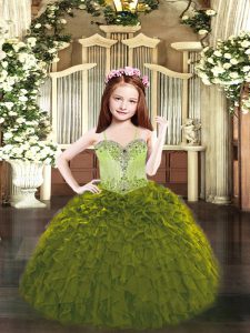 Olive Green Sleeveless Beading and Ruffles Floor Length Pageant Dress Womens