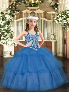 Low Price Baby Blue Organza Lace Up Straps Sleeveless Floor Length Pageant Dress for Womens Beading and Ruffled Layers