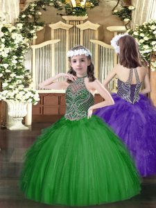 Adorable Sleeveless Floor Length Beading and Ruffles Lace Up Custom Made Pageant Dress with Dark Green