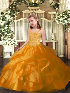 Ball Gowns Pageant Gowns Orange Straps Organza Sleeveless Floor Length Lace Up