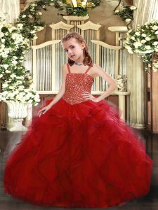 Super Floor Length Red Evening Gowns Tulle Sleeveless Beading and Ruffles