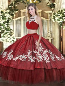 Shining Floor Length Red Quinceanera Gown Tulle Sleeveless Beading and Appliques