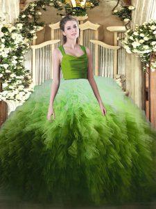 Fitting Sleeveless Organza Floor Length Zipper Sweet 16 Dresses in Multi-color with Ruffles