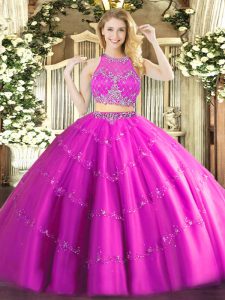 Dynamic Scoop Sleeveless Zipper Quinceanera Gowns Fuchsia Tulle