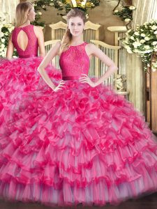 Floor Length Hot Pink Sweet 16 Quinceanera Dress Organza Sleeveless Lace and Ruffled Layers