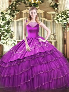 Great Sleeveless Floor Length Beading and Embroidery Side Zipper 15th Birthday Dress with Purple