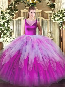 Beauteous Multi-color Organza Side Zipper Scoop Sleeveless Floor Length Quince Ball Gowns Beading and Ruffles