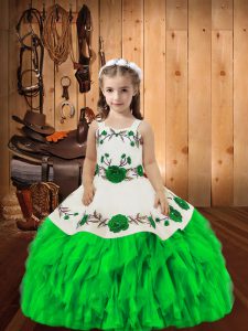 Green Ball Gowns Organza Straps Sleeveless Embroidery and Ruffles Floor Length Lace Up Evening Gowns