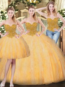 Smart Floor Length Gold Vestidos de Quinceanera Sweetheart Sleeveless Lace Up