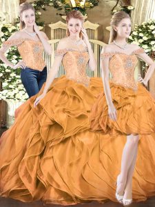 Orange Red Organza Lace Up Off The Shoulder Sleeveless Floor Length Quinceanera Gowns Beading and Ruffles