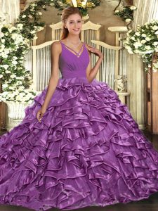 Free and Easy V-neck Sleeveless Sweet 16 Dress With Train Sweep Train Ruffles Lilac Organza