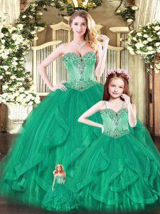 Green Quinceanera Dress Military Ball and Sweet 16 and Quinceanera with Beading and Ruffles Sweetheart Sleeveless Lace Up
