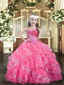 Hot Pink Straps Lace Up Beading and Ruffled Layers Pageant Dress Wholesale Sleeveless