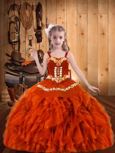 Beauteous Floor Length Lace Up Pageant Dress Toddler Orange Red for Party and Sweet 16 and Quinceanera and Wedding Party with Embroidery and Ruffles