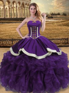 Purple Ball Gowns Sweetheart Sleeveless Organza Floor Length Lace Up Beading and Ruffles Ball Gown Prom Dress
