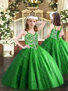 Green Sleeveless Floor Length Beading and Appliques Lace Up Kids Pageant Dress