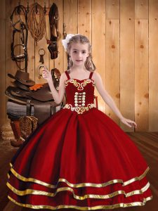 Sleeveless Organza Floor Length Lace Up Little Girls Pageant Dress in Red with Beading and Embroidery and Ruffled Layers