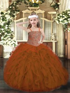 Rust Red Lace Up Straps Beading and Ruffles Little Girls Pageant Dress Tulle Sleeveless