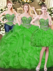 Beading and Ruffles Quinceanera Gowns Green Lace Up Sleeveless Floor Length
