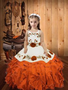 Organza Straps Sleeveless Lace Up Embroidery and Ruffles Pageant Dress in Orange Red