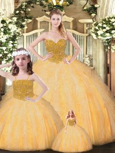 Enchanting Floor Length Lace Up Ball Gown Prom Dress Gold and In with Beading