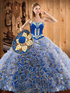 Affordable Sweep Train Ball Gowns 15 Quinceanera Dress Multi-color Sweetheart Satin and Fabric With Rolling Flowers Sleeveless With Train Lace Up
