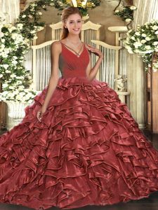 Glorious Rust Red V-neck Backless Ruffles Quinceanera Gown Sweep Train Sleeveless
