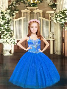 Tulle Spaghetti Straps Sleeveless Lace Up Beading Evening Gowns in Blue