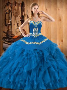 Blue Ball Gowns Embroidery and Ruffles Ball Gown Prom Dress Lace Up Satin and Organza Sleeveless Floor Length
