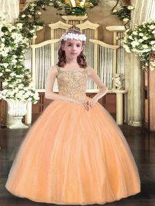 Orange Lace Up Straps Beading Kids Pageant Dress Tulle Sleeveless