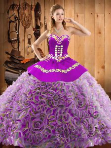 Popular Sweetheart Sleeveless Sweep Train Lace Up 15 Quinceanera Dress Multi-color Satin and Fabric With Rolling Flowers