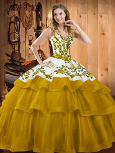 Delicate Organza Sweetheart Sleeveless Sweep Train Lace Up Embroidery Quinceanera Dress in Gold