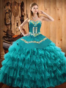 Floor Length Teal Sweet 16 Dresses Satin and Organza Sleeveless Embroidery and Ruffled Layers