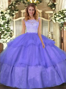 Glorious Organza Scoop Sleeveless Clasp Handle Lace and Ruffled Layers Quinceanera Dresses in Lavender