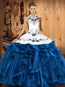 Cheap Blue Sweet 16 Dresses Military Ball and Sweet 16 and Quinceanera with Embroidery and Ruffles Halter Top Sleeveless Lace Up
