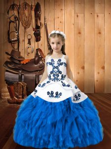 Blue Organza Lace Up Straps Sleeveless Floor Length Pageant Dress Toddler Embroidery and Ruffles
