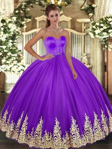 Sleeveless Tulle Floor Length Lace Up Custom Made in Eggplant Purple with Appliques