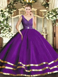 Tulle V-neck Sleeveless Backless Ruffled Layers Quince Ball Gowns in Purple